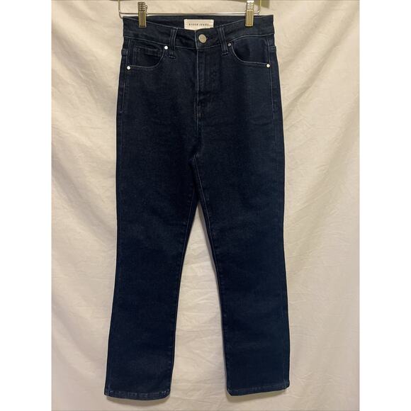 Risen Jeans High Rise Straight Womens 1/25 Ankle Dark Wash Stretch Blue Raw Hem - Picture 1 of 13
